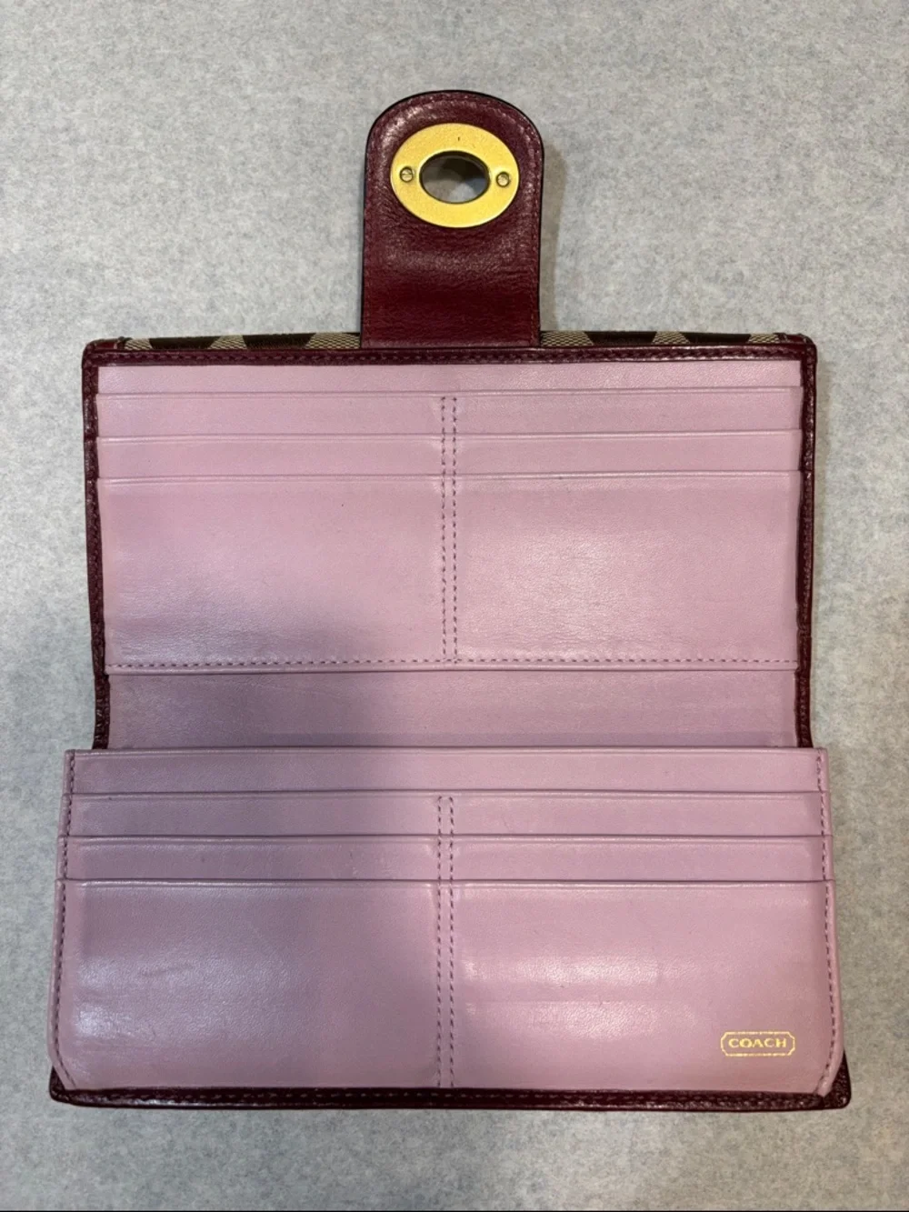 Coach Brown Signature Canvas Wallet with Burgundy Trim and Gold Turnlock - Picture 4 of 5